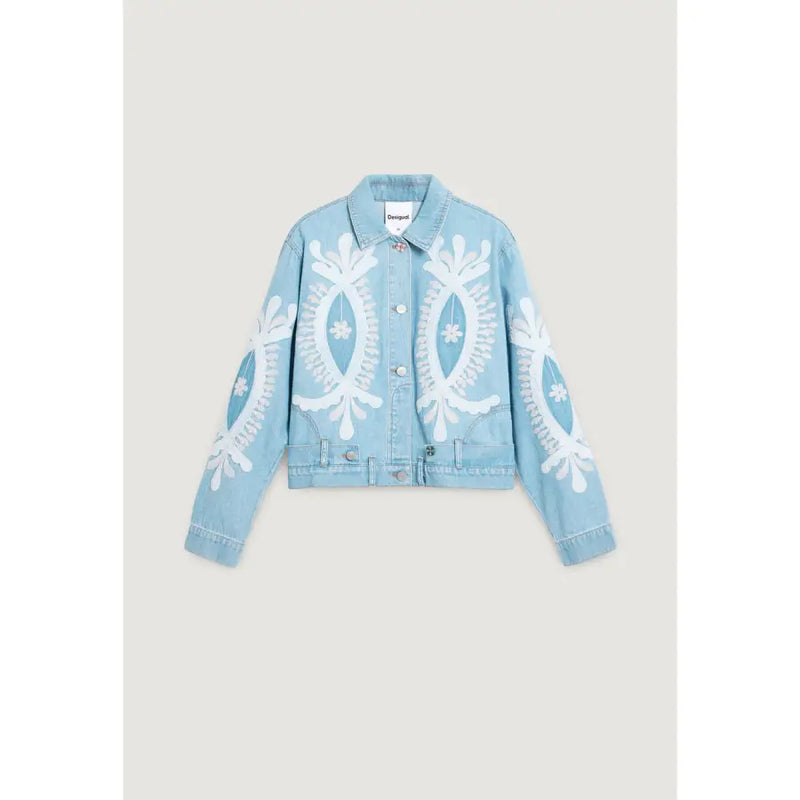 Light blue cotton denim blazer for women by Desigual with intricate white embroidered floral and leaf patterns
