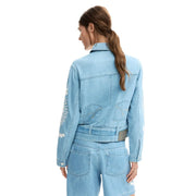 Desigual women light blue cotton blazer featuring distressed patches and subtle embroidery on the sleeves