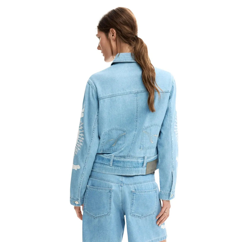 Desigual women light blue cotton blazer featuring distressed patches and subtle embroidery on the sleeves
