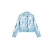 Desigual women light blue cotton blazer featuring intricate white embroidered floral and leaf patterns on front and sleeves