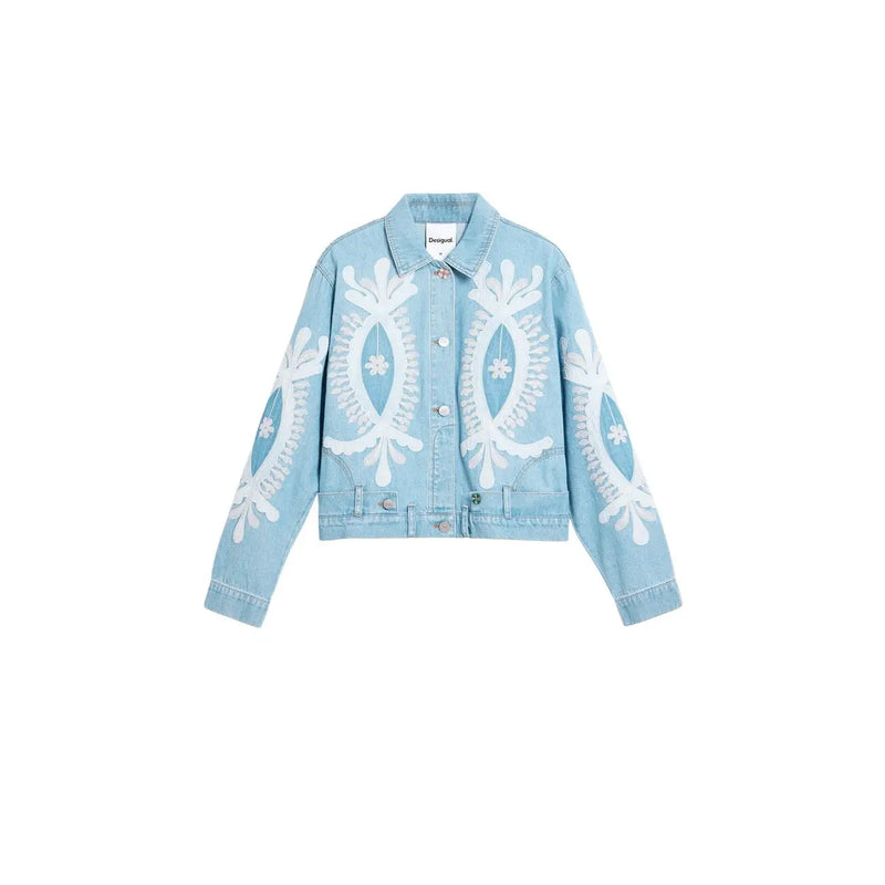 Desigual women light blue cotton blazer featuring intricate white embroidered floral and leaf patterns on front and sleeves