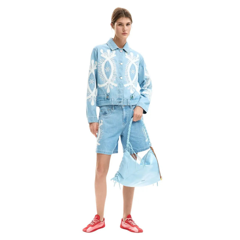 Light blue cotton denim jacket with white embroidered patterns from Desigual women collection