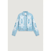 Light blue cotton denim blazer for women by Desigual with intricate white embroidered floral and leaf patterns