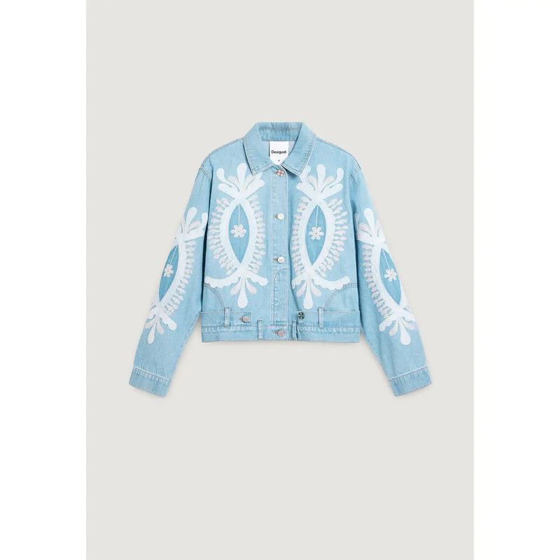 Light blue cotton denim blazer for women by Desigual with intricate white embroidered floral and leaf patterns