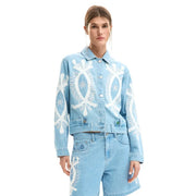 Desigual women light blue cotton denim blazer with white embroidered floral patterns on front and sleeves