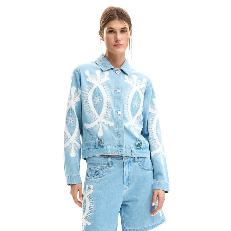 Desigual women light blue cotton denim blazer with white embroidered floral patterns on front and sleeves
