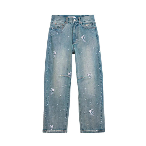 Jean Desigual pour femme en coton stretch bleu clair, orné d'un motif d'étoiles délavé et de subtiles décorations blanches.