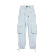 Desigual women light blue cotton cargo trousers with multiple pockets and drawstring waistband