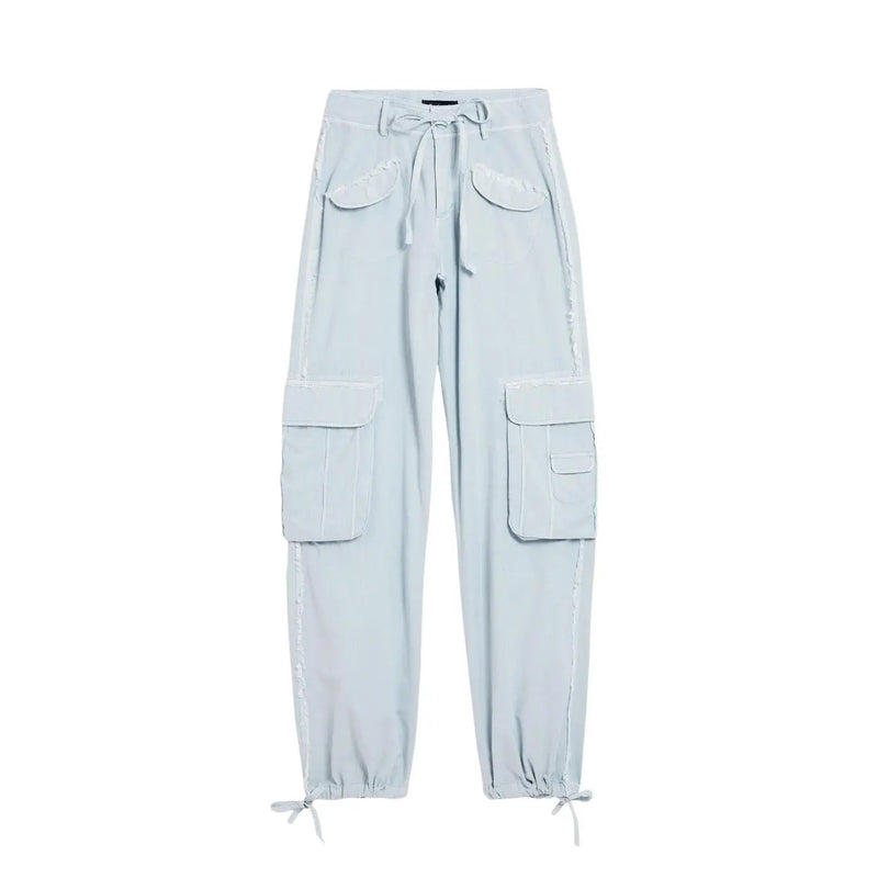Desigual women light blue cotton cargo trousers with multiple pockets and drawstring waistband
