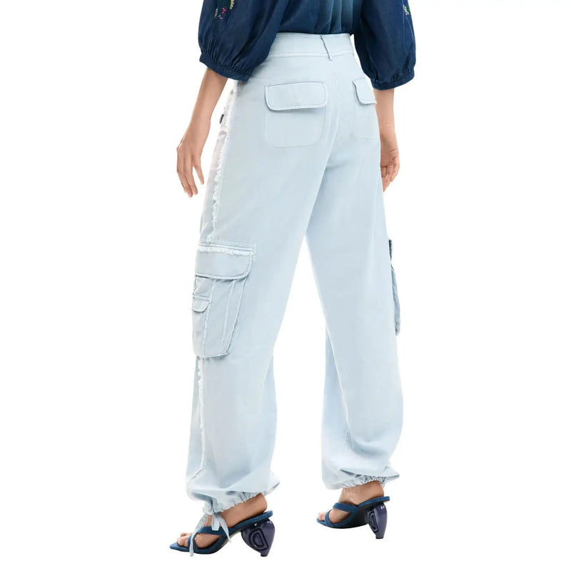 Desigual women light blue cotton cargo trousers with laces featuring multiple pockets and a relaxed tapered fit