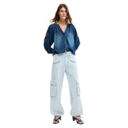 Blue denim blouse with embroidered sleeves and button-front design paired with Desigual women light blue cotton trousers with laces