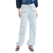 Desigual women light blue cotton cargo trousers with multiple pockets and a drawstring waist for casual wear