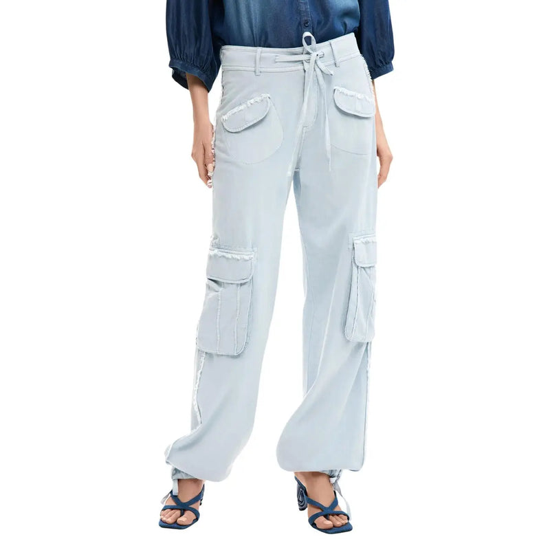 Desigual women light blue cotton cargo trousers with multiple pockets and a drawstring waist for casual wear