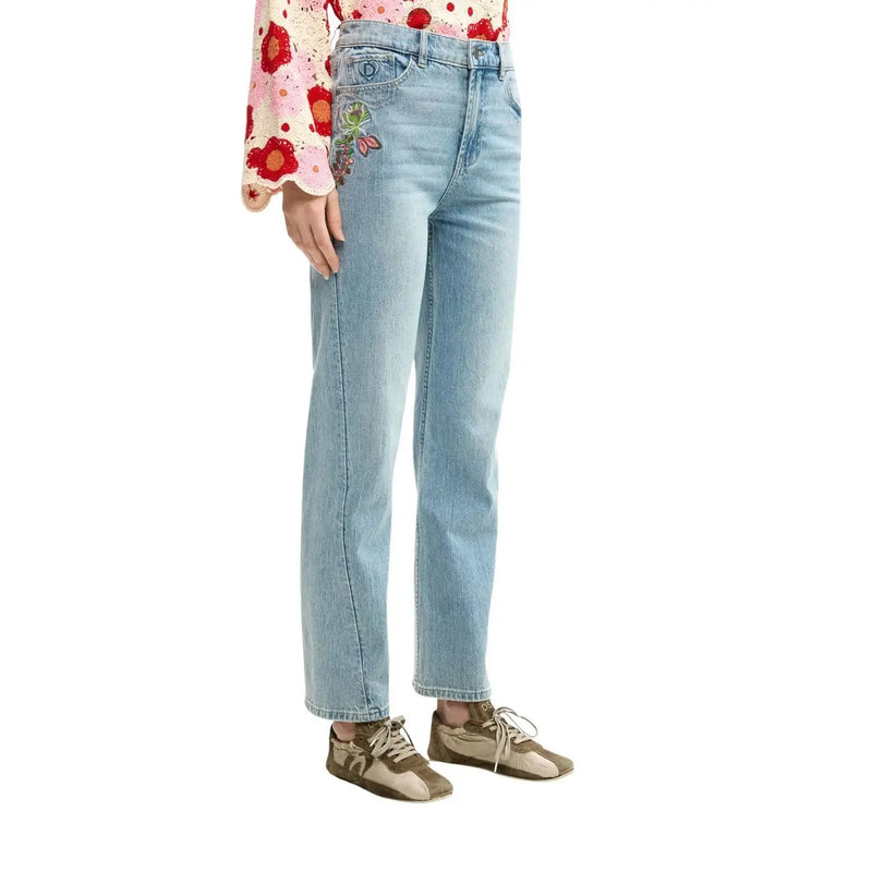 Desigual Damen-Jeans aus hellblauer Baumwolle mit heller Waschung und farbenfrohem, gesticktem Blumenapplikation auf der rechten Vordertasche