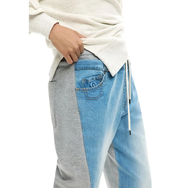 Desigual women light blue denim jeans with lace detail and gray sweatpant hybrid side pocket with subtle logo