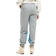 Gray heathered sweatpants with light blue side panels and elastic cuffs designed for comfortable casual wear