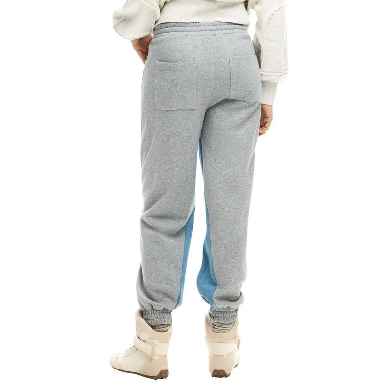 Gray heathered sweatpants with light blue side panels and elastic cuffs designed for comfortable casual wear