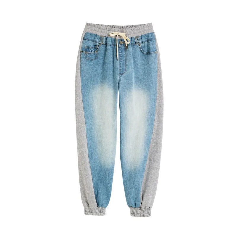 Light-wash denim joggers with gray side panels and a drawstring waistband from Desigual women lace detail jeans