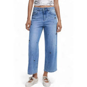 Light blue denim wide-leg jeans with embroidered black Mickey Mouse heads for women