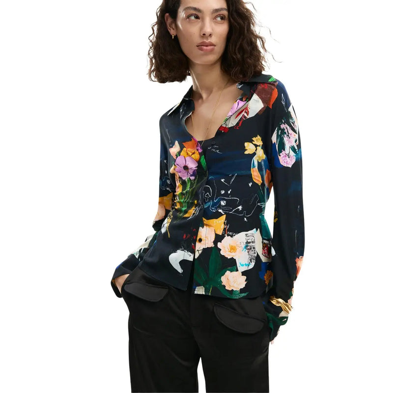 Desigual women long floral viscose v neck shirt black featuring dark navy long sleeves and vibrant mixed-media floral print