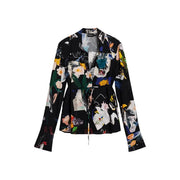 Black dsquared2 blazer with vibrant abstract floral print in yellow white green and blue paired with desigual women long floral viscose v neck shirt black