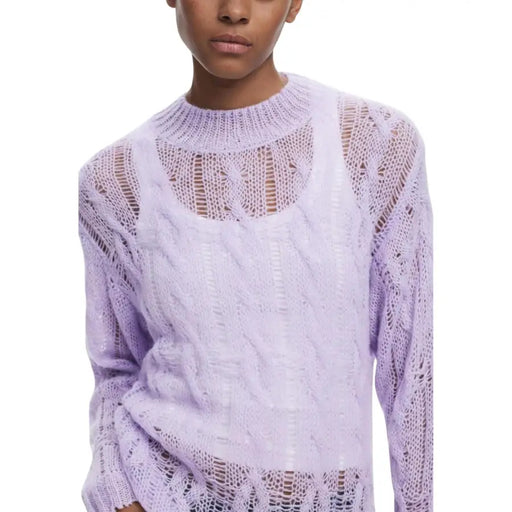 Lavender open-knit cable sweater with round neck from Desigual Women Long Purple Knitwear collection