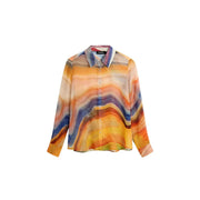 Desigual women orange polyester button blouse with long sleeves and abstract multicolor sheer fabric pattern