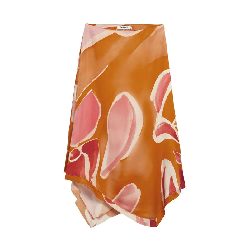 Desigual women orange viscose skirt with glossy fabric and abstract pink and white leaf patterns for spring summer