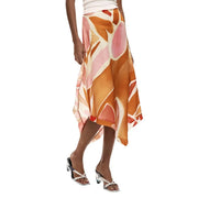 A desigual women orange viscose skirt with a flowing asymmetrical design in vibrant orange pink and cream hues