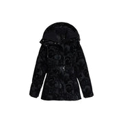 Desigual Damen-Steppjacke, schwarz, florales Polyester, mit Kapuze und Gürtel für stilvolle Winterkleidung