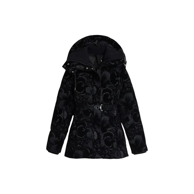 Desigual Damen-Steppjacke, schwarz, florales Polyester, mit Kapuze und Gürtel für stilvolle Winterkleidung
