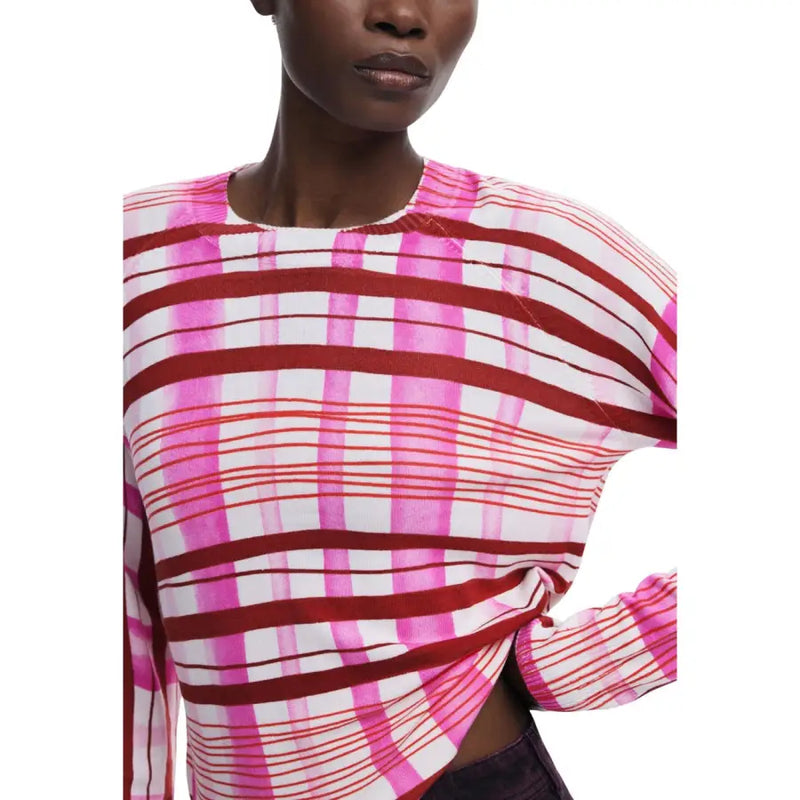 Desigual Damen rosa karierte Langarm-Strickjacke mit Rundhalsausschnitt top