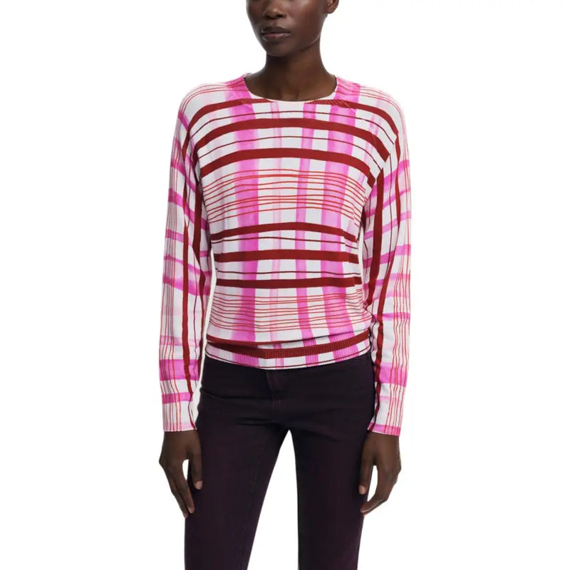 Desigual Damen-Strickpullover, rosa kariert, langärmelig, Rundhalsausschnitt
