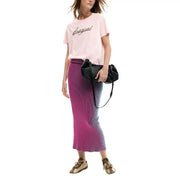 Black leather crossbody bag with subtle logo detail paired with desigual women pink cotton round neck short t shirt