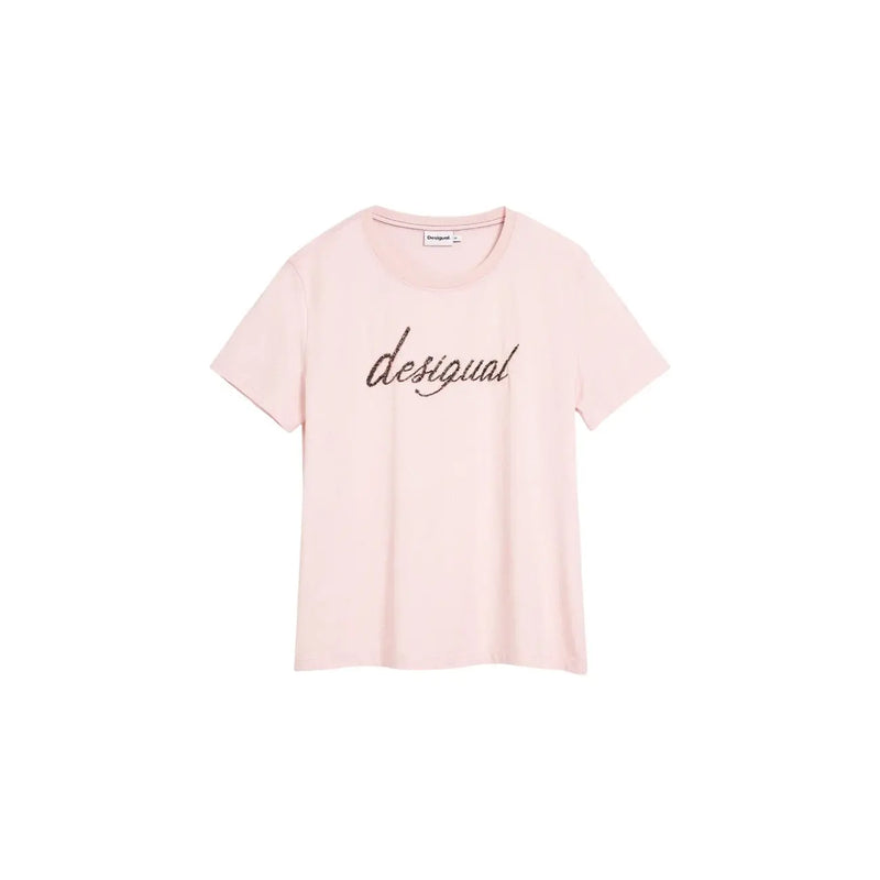 A soft pink cotton round neck short sleeve t shirt for women featuring the Desigual brand name in sparkling cursive