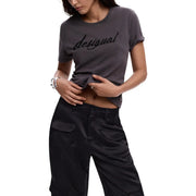Dark gray short-sleeved cotton crop top with desigual embroidered in black cursive across the chest for women