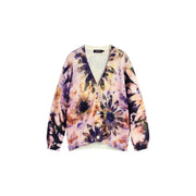 Desigual women pink floral cotton knit sweater featuring a soft pastel cardigan with vibrant purple and orange flowers