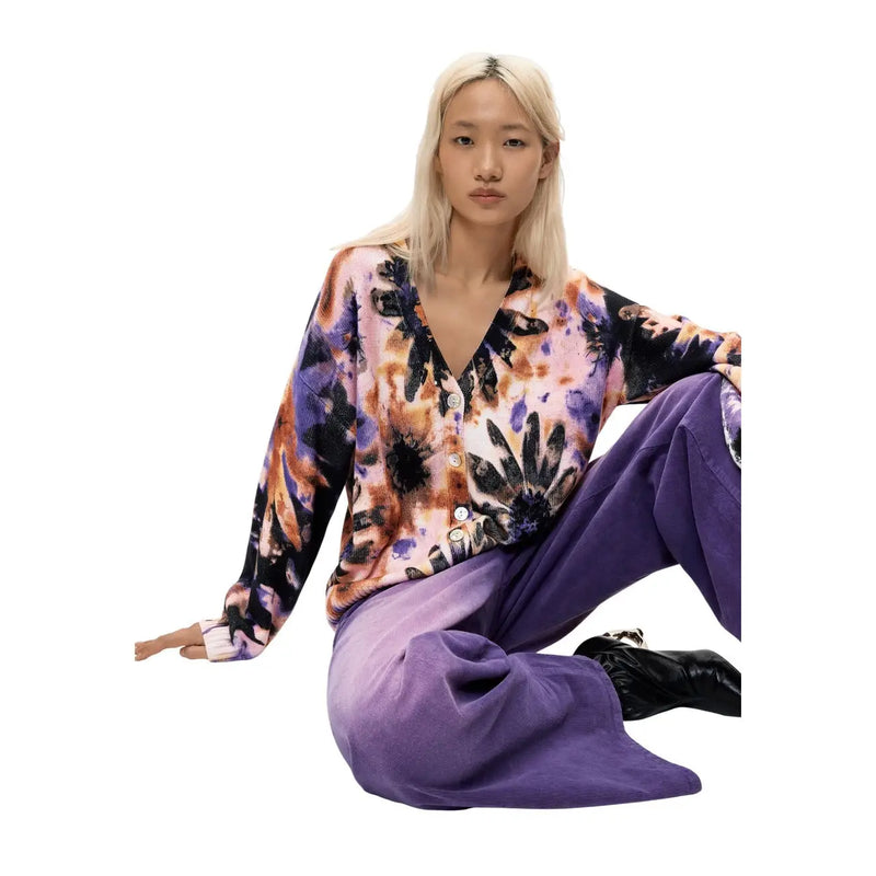 Desigual women pink floral cotton knit sweater featuring a vibrant long-sleeved tie-dye cardigan in pink purple and black