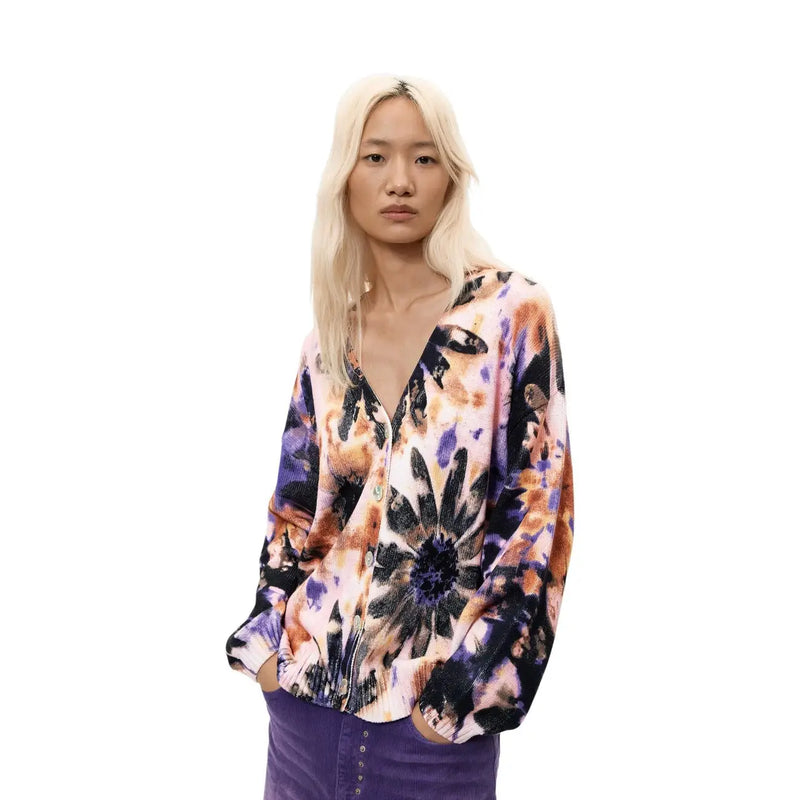 Desigual women pink floral cotton knit sweater featuring a vibrant long-sleeved tie-dye cardigan pattern in pink purple and black