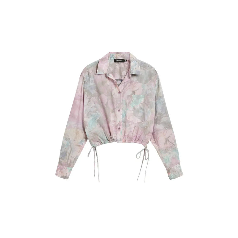 Desigual women pink pastel tie-dye long-sleeved cotton shirt with button-up front and drawstring waistband classic fit