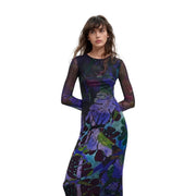 Desigual women purple long polyester dress with long sleeves sheer mesh fabric and abstract floral pattern