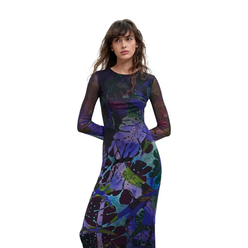 Desigual women purple long polyester dress with long sleeves sheer mesh fabric and abstract floral pattern
