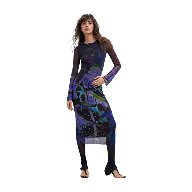 Desigual women purple long polyester dress with long sleeves sheer mesh fabric and abstract floral pattern