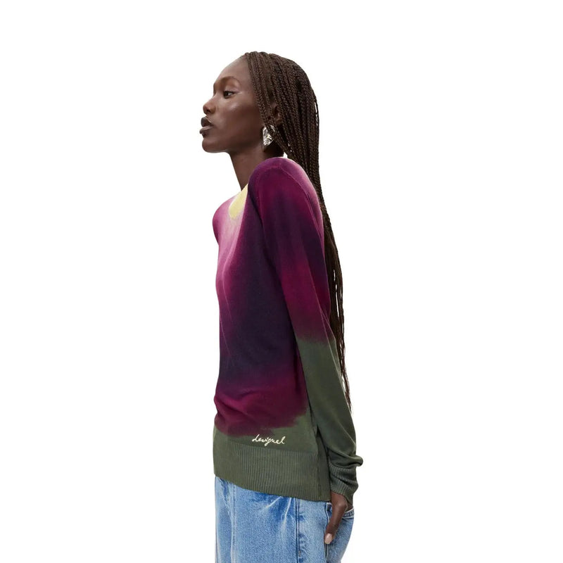 Desigual women purple viscose knitwear sweater with a soft purple-to-green gradient and designed embroidery near the hem
