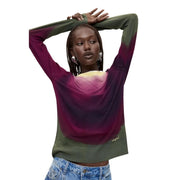 Desigual women purple viscose knitwear sweater featuring a vibrant purple magenta and olive green gradient with ribbed neckline
