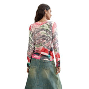 Desigual Damen-Strickwaren, rot, langärmelig top mit einem lebendigen abstrakten Muster in Pink, Grün und Schwarz aus Viskosemischung