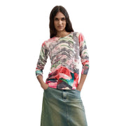 Desigual Damen-Strickpullover aus rotem Viskosemischgewebe mit leuchtenden langen Ärmeln top mit einem auffälligen abstrakten Muster in Pink, Grün und Schwarz