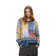Desigual women red knitwear wool blend sweater with vibrant multicolored patchwork and textured fuzzy fabric