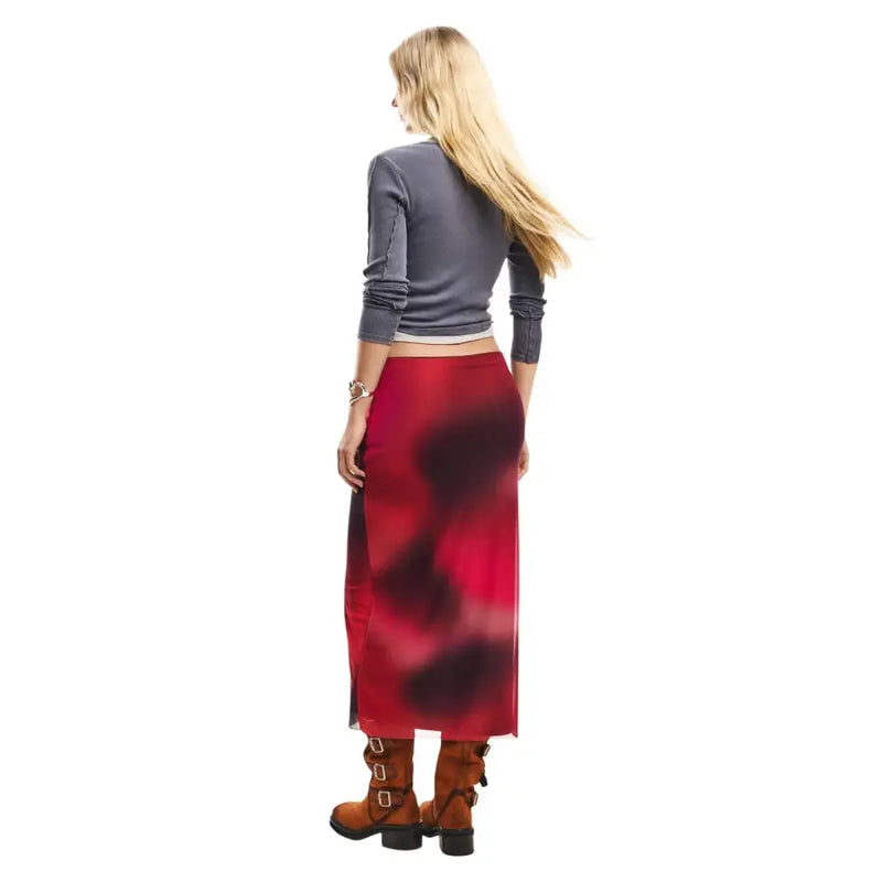 Desigual women red polyester skirt with flowing gradient red and black silky texture for spring summer wear