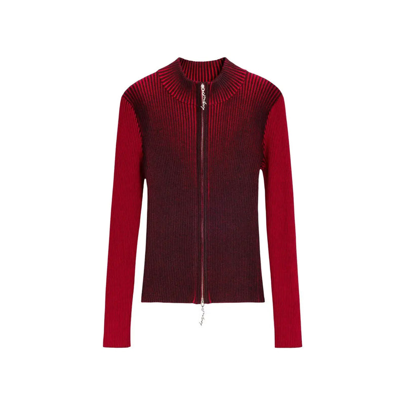 Desigual Damen-Strickjacke in Rot, schmal geschnitten, gerippt, mit Reißverschluss, aus Viskosemischung mit Farbverlauf von Dunkelrot zu Burgunderrot und silbernem Reißverschluss